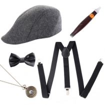 1920s men's theme party beret, cigar pocket watch, back tie five-piece set