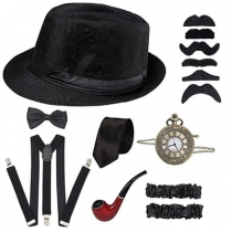1920s men's prom party hat, pipe pocket watch, back tie suit