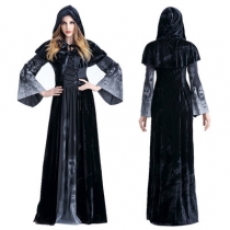 Halloween new skull print witch European and American long vampire dress Queen costume hooded dress