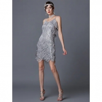 1920 Vintage Gatsby Dress Beaded Fringe V-Neck Sling Evening Dress Vintage Sequin Dress