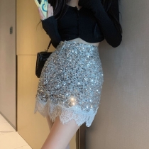 Sequenant skirt temperament hot girl lace stitching high -waist girl Xia Xian thin A -line hip skirt
