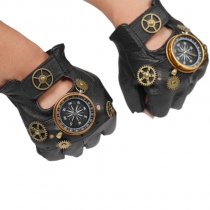 European and American steam punk leather glove gear half -finger glove gloves compass retro