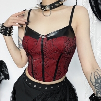 New sexy hot girl vest Dark atmosphere slim leather stitching camisole top
