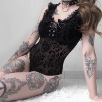 Europe and the United States black new lace square neck jumpsuit suspender vest female perspective sexy inside take leggings