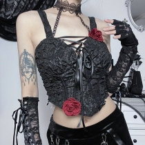 Europe and the United States dark wind slim sexy suspender vest female three-dimensional flower binding chain hanging neck top