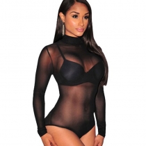 Europe and the United States erotic underwear black tight mesh gauze perspective one-piece does not open file sexy pajamas long sleeve temptation suit
