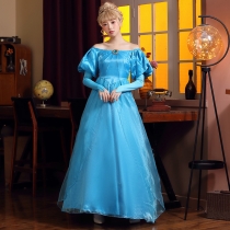 Halloween costume sky blue Palace ball dress long skirt one-line shoulder ballroom dance dress princess gauze skirt