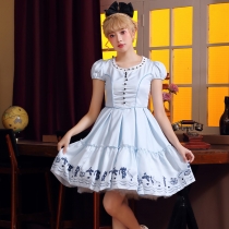 Halloween new stage costume light blue Wonderland short skirt print small dress film and television role play