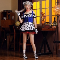 Halloween costume white and black irregular pattern short skirt maid animal cow anthropomorphic maid dress up stage costume