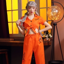 Halloween Prisoner Costume Party Gathering Midriff orange alphabet Print Hip hop Split prisoner play suit