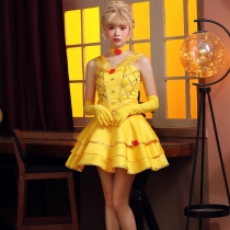 Halloween costume new yellow princess short style rose dress V-line yarn collar suspender stage role play
