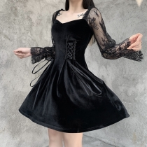A skirt autumn new European and American dark wind sexy lace stitching square collar long-sleeved lace-up dress