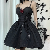 Fall women's new skirt dark wind personality jacquard a swing backless suspender skirt dress