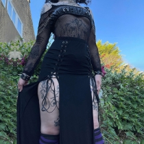 Europe and the United States personality dark trend sexy slim black corns strap design slit half skirt female