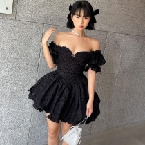 Europe and the United States one-line shoulder collection waist slimming shaggy skirt female dark summer new sexy V-neck bubble sleeves