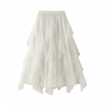 Autumn and winter new high -waisted lotus leaf splicing mesh skirt women's mid -length large swing pleated skirt