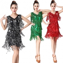 New sequin skirt tassel Latin dance skirt adult double V Latin dance dress female dance performance costume