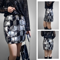 Fashion new matching geometric stitching pattern heavy industry nail beads sequin party short skirt A-line skirt