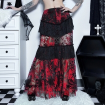 Europe and the United States personality trend slim-fit perspective long skirt female dark mesh gauze flocking lace design skirt