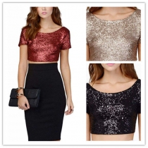 Explosive new spring and summer sexy sparkle eye-catching sequin backless crop short top multi-color T-shirt