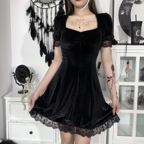 Dark design suede square collar lace edge bubble sleeve dress Europe and the United States new autumn and winter solid color short skirt