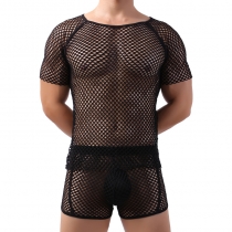 Big mesh men's T-shirt sexy SAO gas transparent fishnet hollowed out top men no pants