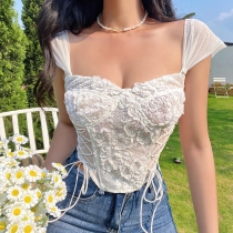 Europe and the United States summer new pure lace pattern perspective thin sexy waist waist fashion top beautiful back wrap chest