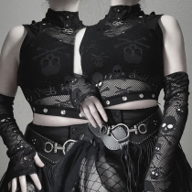 Europe and America dark wind summer new skull net gauze sleeve lace perspective Gothic vest two-piece set