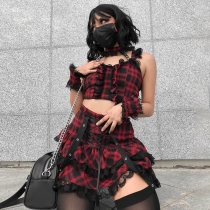 Dark tie plaid suspender lace lace-up pleated skirt 2023 European and American spring and summer personality suit