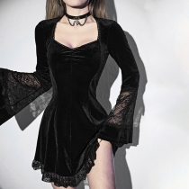 Europe and the United States dark wind long-sleeved dress sexy back waist slim flared sleeves lace edge stitching skirt