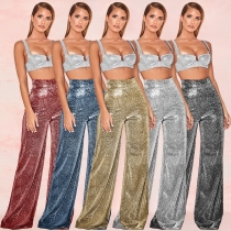 Europe and the United States autumn women's ironing silver wide leg pants high waist straight women casual pants