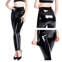 New coated mirror high elastic leggings sexy high waist latex bright leather large size women's trousers