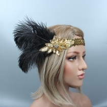 Floral Feather Headband Black ostrich hair headdress Vintage fancy dress party beaded headdress