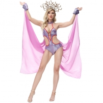 Halloween costume Ancient Greek fairy tale snake head siren Medusa purple with headdress cape bikini
