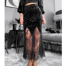 Spring 2023 new European and American style design sense North Sea monster pattern half through lace skirt female