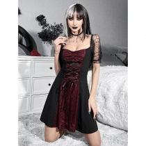 Summer new Europe and the United States dark wind binding lace tight square collar net gauze perspective dress women's style