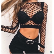 Slim-fit high waist hollowed out perspective fishing net crop T-shirt Europe and the United States large mesh short style top large size bungee di clothes women