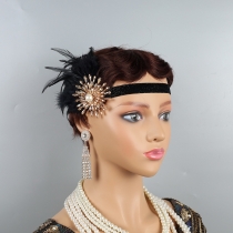 Black pearl studded feather headband flapper 1920s Ladies' Ball headband Gatsby Evening headband