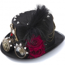 Steam Gear riveted punk Top Hat Goggles Dark Rose chain feather Heavy industry hat Goth show