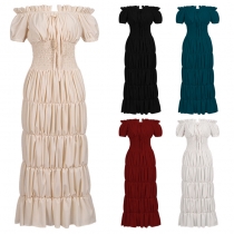 2023 European and American medieval 5 colors sweet flying sleeve lace-up elastic waist fishtail one-line shoulder dress
