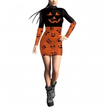 Halloween costumes European and American women's dress 3D digital printed pumpkin slim long sleeve sexy tight wrap hip skirt