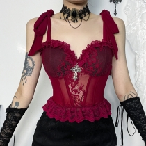 Spring new sexy hot girl top Diablo -style slim lace lace yarn suspender vest female