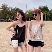 Spring 2024 new sexy glitter sequins V -neck strap vest female short loose shirt wears bottoming shirts