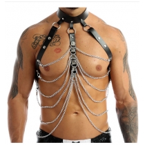 Hot -selling sexy metal chain Body chain PU leather binding chest binding leather jacket