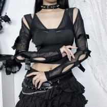 Spring 2024 new European and American style personality net gauze cut off bow hot girl top women's clothes