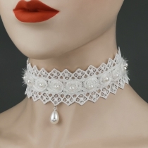 European and American new white lace pearl necklace choker collar