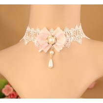 New white lace powder bow pearl clavicle clavicle chain niche fresh women's necklace