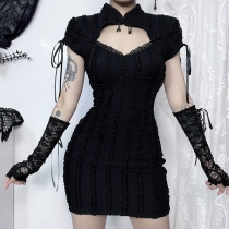 2024 new vertical texture knitted knitted cutout Xiaoli neck short -sleeved hip hip dress female