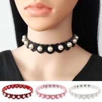 Personalized imitation pearl rivet leather heart necklace trendy cool stainless steel snap neck strap clavicle necklace