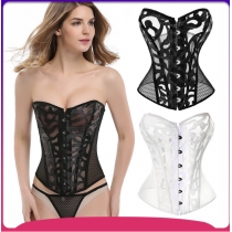 European and American style breast-binding underwear manufacturer, black printed mesh sexy shapewear, tummy control, waist-cinching, court-style corset
